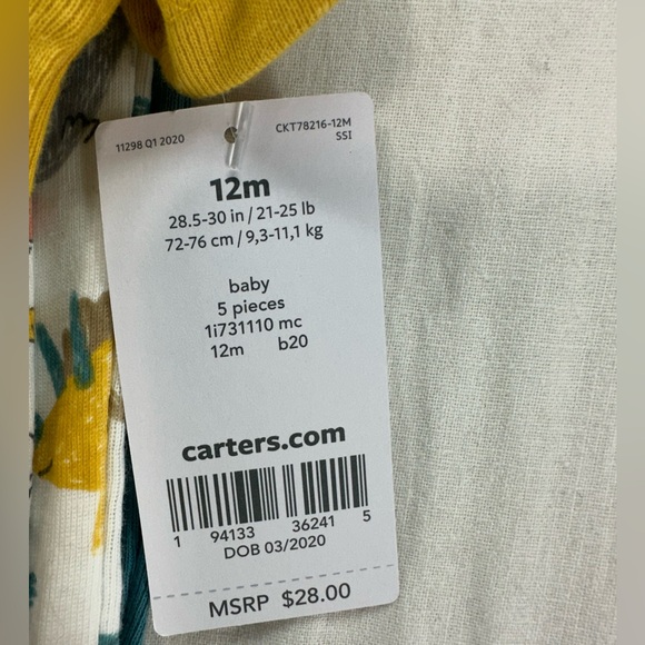 Carter's Baby Boy Bodysuits 5 Piece Set 12 Months Dinosaurs NEW WITH TAGS - Picture 7 of 7